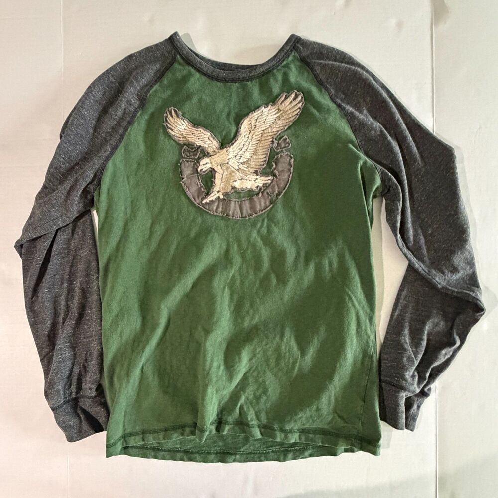 VTG Y2K American Eagle Men's Long Sleeve Baseball Tee, M Green Gray